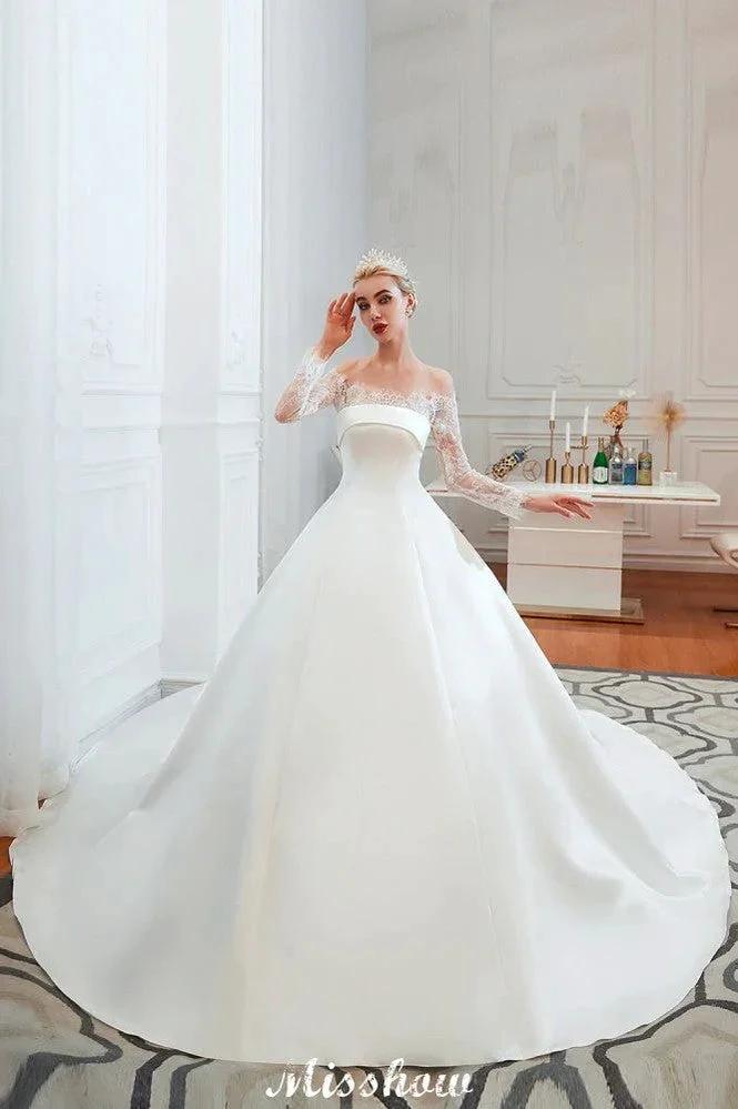 Romantic Lace Princess Satin Wedding Dress| Aline Bridal Gown with Cathedral Train (ZD13984) - VelvetHem
