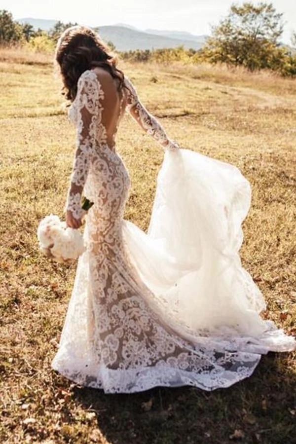 Romantic Long Appliques Backless Lace Mermaid Ivory Wedding Dresses (ZD16313)