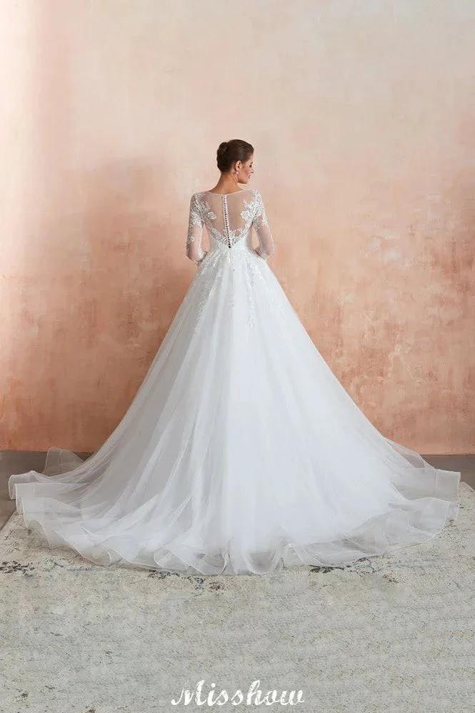 Romantic Long Sleeve Lace Ball Gown Tulle Fully Covered Buttons Aline Wedding Dress with Court Train (ZD13972)