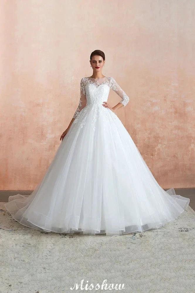 Romantic Long Sleeve Lace Ball Gown Tulle Fully Covered Buttons Aline Wedding Dress with Court Train by misshow.com