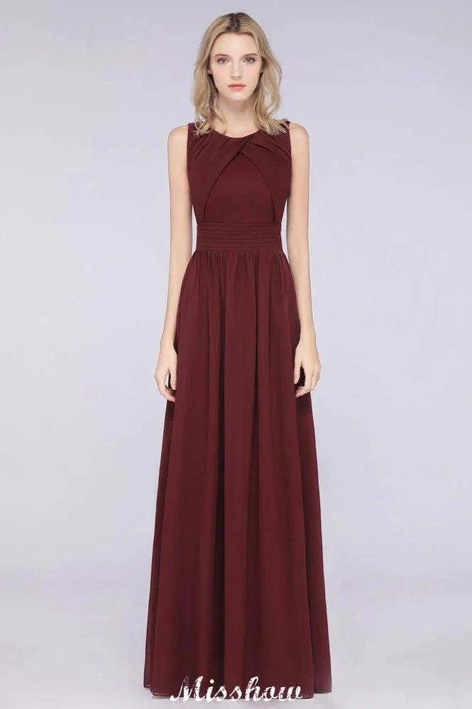 Round-Neck Floor-Length Ruffles Chiffon Bridesmaid Dress Aline Sleeveless Maid of Honor Dress (ZD12910) - VelvetHem