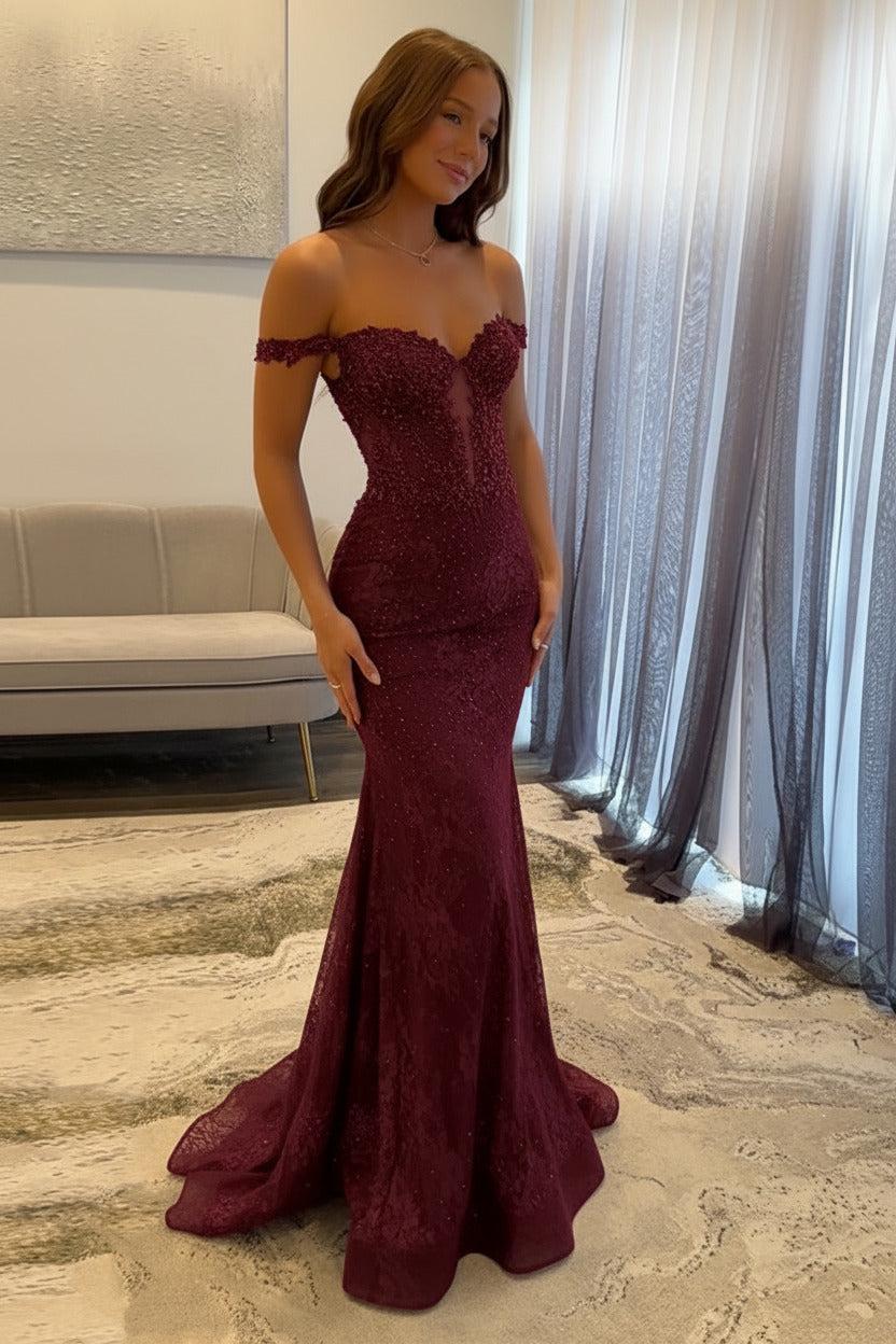 Navy Prom Dress Off The Shoulder Mermaid Long Lace Formal Dress (ZD17401)