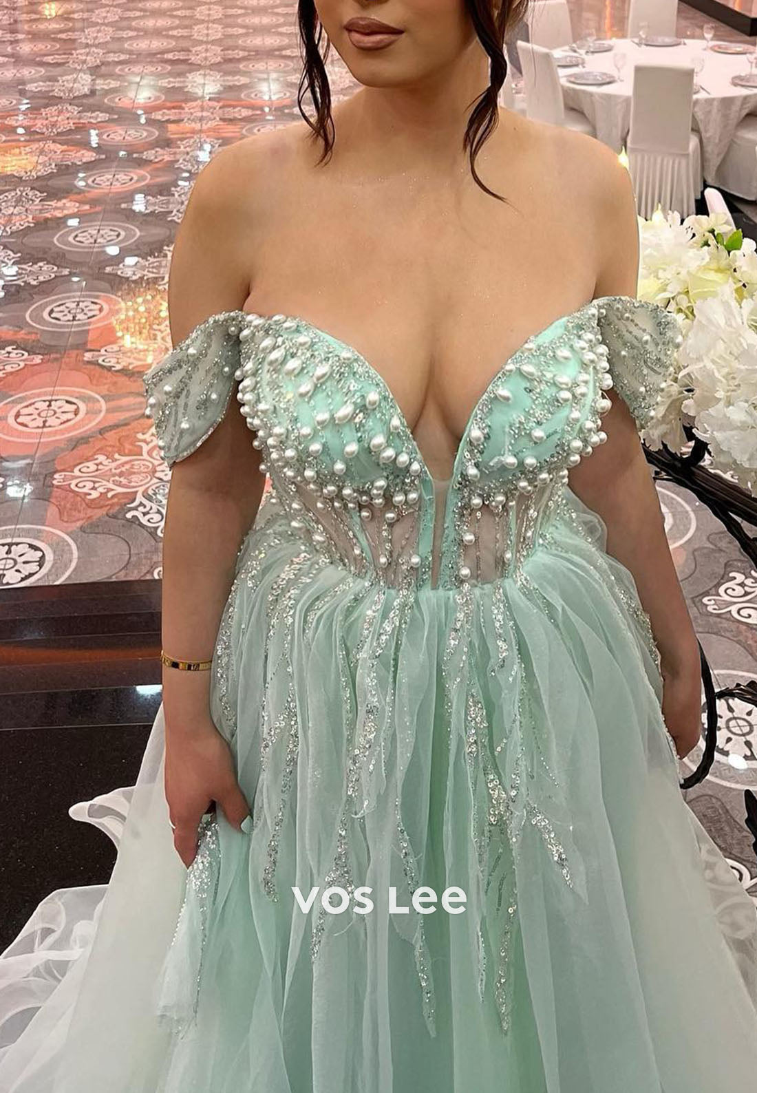 Green Off Shoulder Beading Pearls Sequins A-line Prom Dress Floor Length Formal Dresses