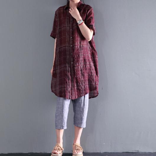 ruby red linen sundress short sleeve plaid causal summer dress shirt
