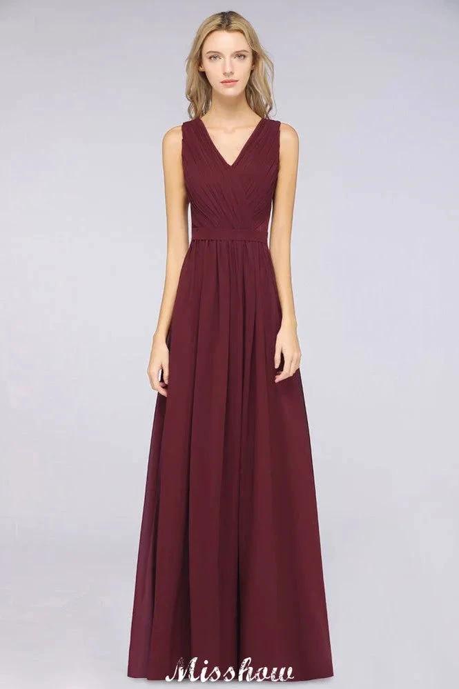 Ruffle A-Line Floor-Length Bridesmaid Dress Chiffon Lace V-Neck Evening Dress (ZD12908) - VelvetHem