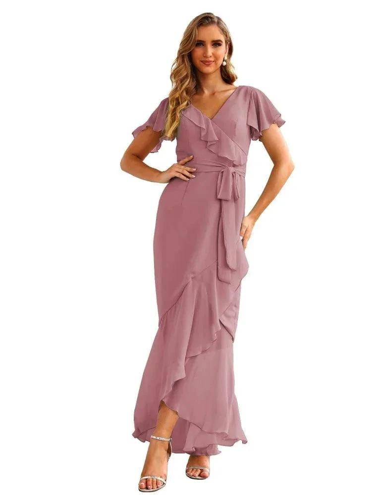 Ruffled Bridesmaid Dresses Maxi Long Women Chiffon Mermaid Formal Violin Evening Party Prom Gowns (ZD17031) - VelvetHem