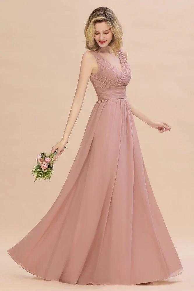 Ruffles V-Neck A-line Dusty Pink Bridesmaid Dresses | Sleeveless Floor-Length Evening Dresses (ZD13151)