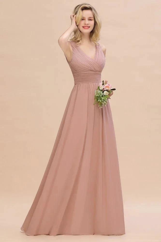 Ruffles V-Neck A-line Dusty Pink Bridesmaid Dresses | Sleeveless Floor-Length Evening Dresses by misshow.com