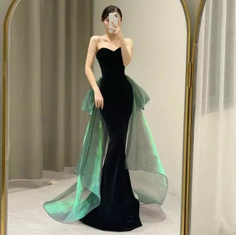 Vintage Mermaid Sweetheart Black Velvet Long Evening Dress Prom Dresses With Bow - View 2 | VelvetHem