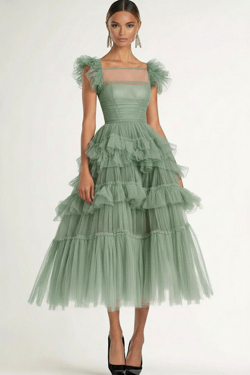 Tea Length Black Wedding Guest Dress A-Line Flatter Sleeves Tulle Formal Dress With Ruffles