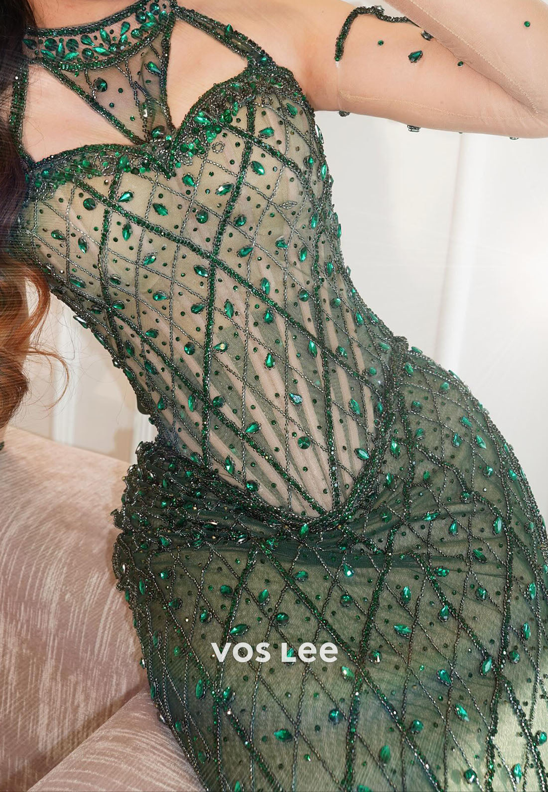Green Halter Luxury Beaded Corset Evening Dress Formal Party Gown with Sleeves