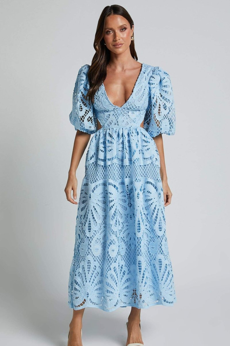 Katia Aesthetic Midi Dress with Embroidered Lace and Cutouts Elevated Occasion Wear