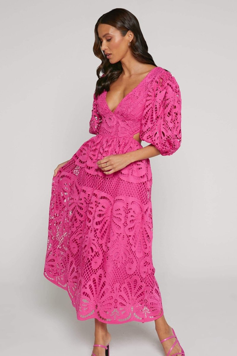 Susana Aesthetic Midi Dress with Cut Outs and Lace Embroidery Designer Edit