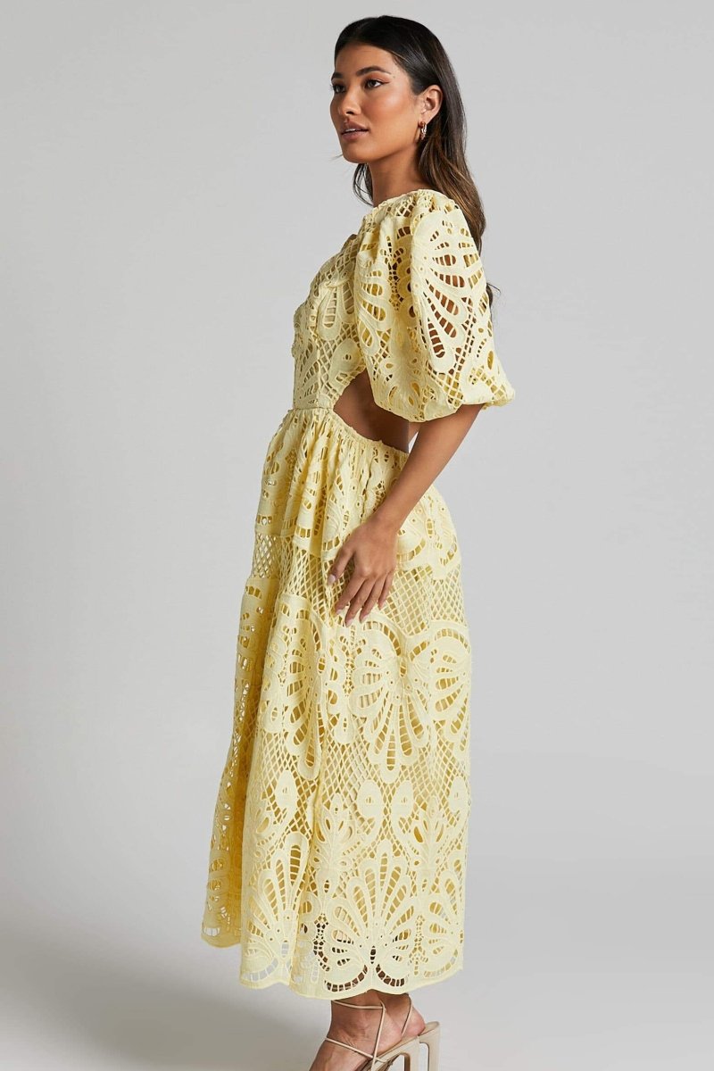 Katia Aesthetic Midi Dress with Embroidered Lace and Cutouts Elevated Occasion Wear