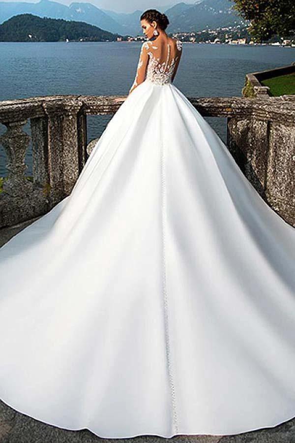 Satin Bateau Neckline A-Line Wedding Dresses With Lace Appliques (ZD16355)