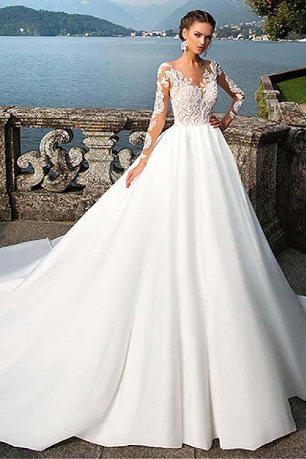 Satin Bateau Neckline A-Line Wedding Dresses With Lace Appliques (ZD16355) - VelvetHem