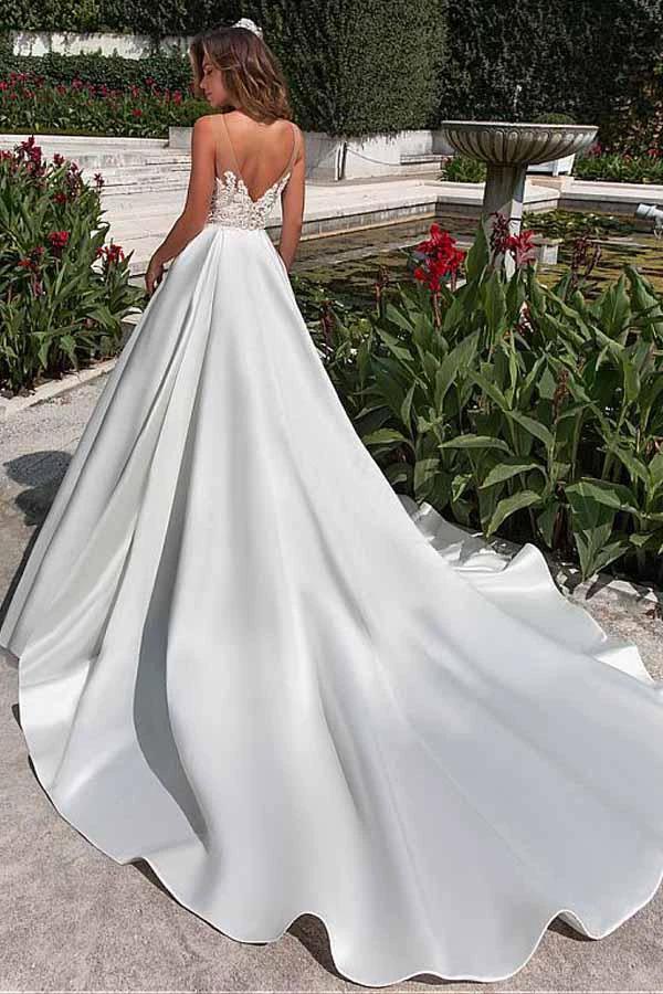 Satin Neckline A-line Wedding Dress With Pockets Lace Appliques (ZD16349)