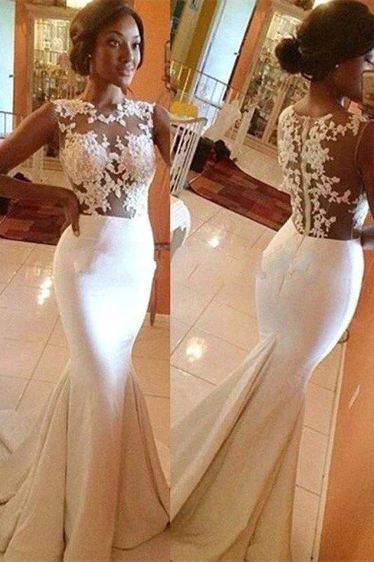 Satin Sweep Train Lace Scoop Sleeveless Sexy Mermaid Wedding Dresses (ZD14699) - VelvetHem