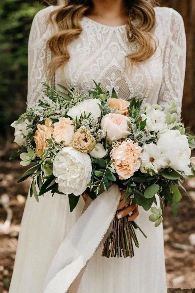 Scoop Long Sleeve Chiffon Wedding Dresses Backless Ivory Bridal Gown (ZD15280)