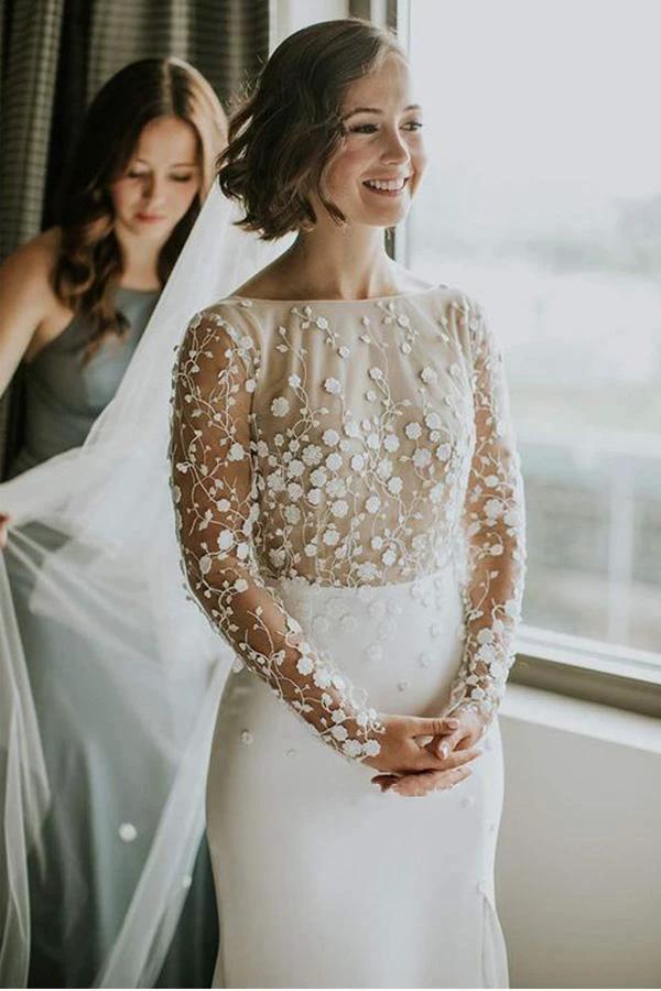 Scoop Neck Open Back Lace Long Sleeves Wedding Dresses with Split (ZD15300)