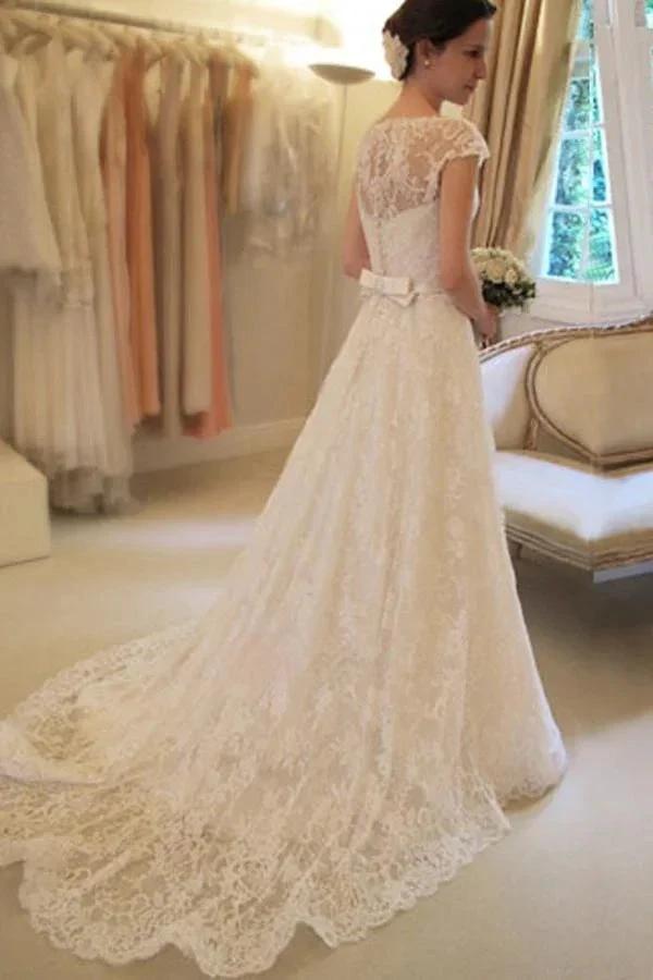 Scoop Neck Short Sleeve A-Line Lace Wedding Dress (ZD15434)