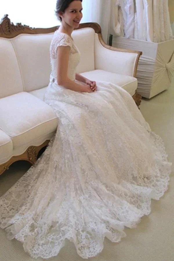 Scoop Neck Short Sleeve A-Line Lace Wedding Dress (ZD15434)