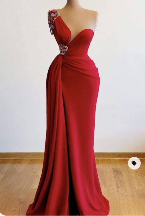 One Shoulder Red Prom Dresses with Beading - VelvetHem