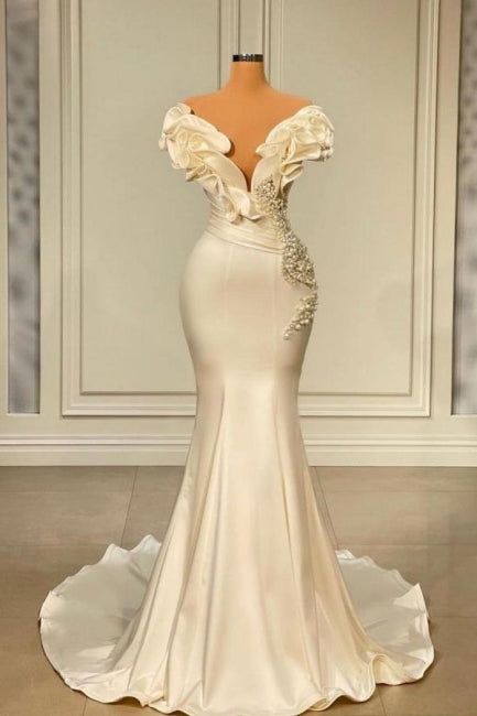 White Long Pearl Ruffle Evening Dresses - VelvetHem