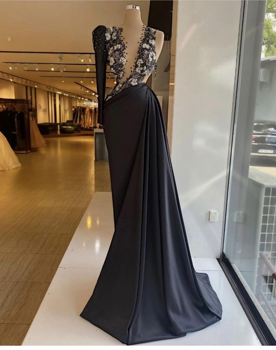 Newest prom dresses, black prom dresses, long sleeve prom dresses, hand made flowers prom dresses, black evening dresses, long sleeve evening gowns, b - VelvetHem