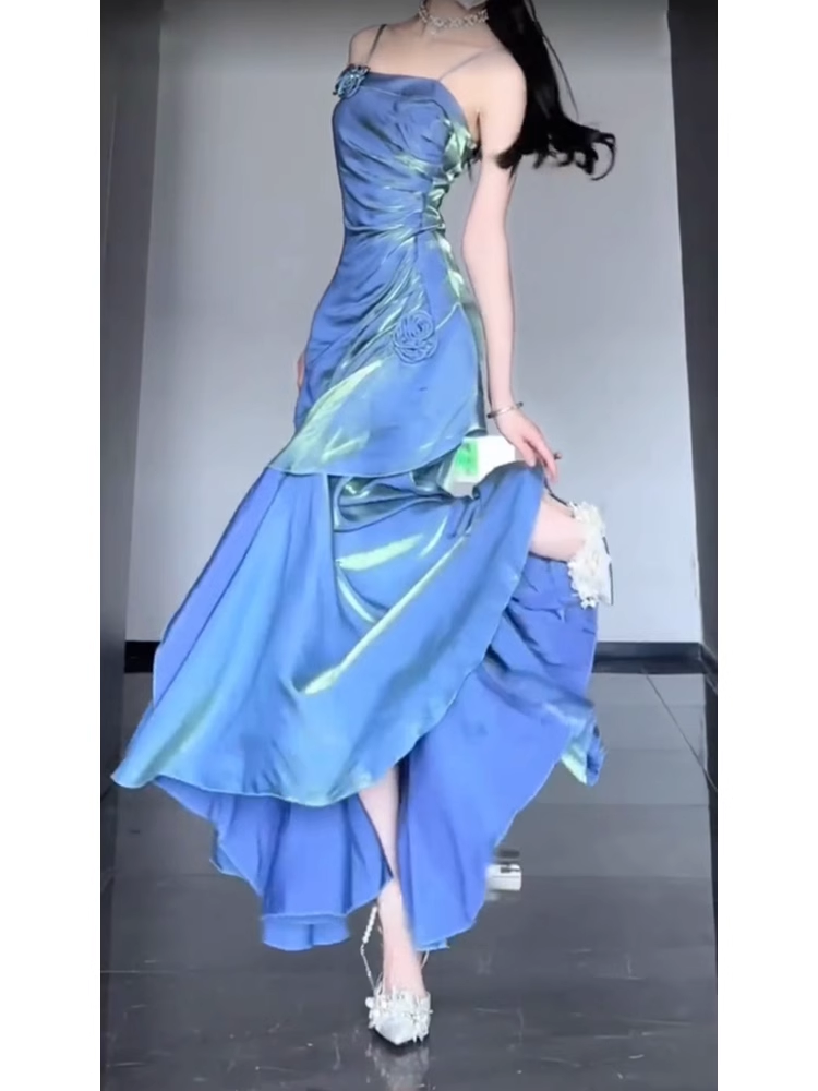 Retro Mermaid Spaghetti Straps Blue Ankle length Prom Dresses Birthday Outfits With Flower - View 2 | VelvetHem