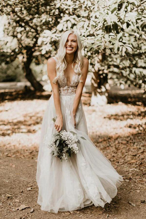 See Through Lace Ivory Tulle V-neck V-back Beach Wedding Dresses (ZD16363)