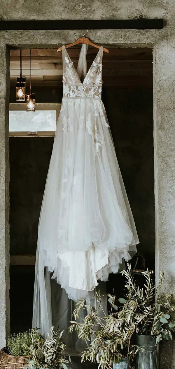 See Through Lace Ivory Tulle V-neck V-back Beach Wedding Dresses (ZD16363)