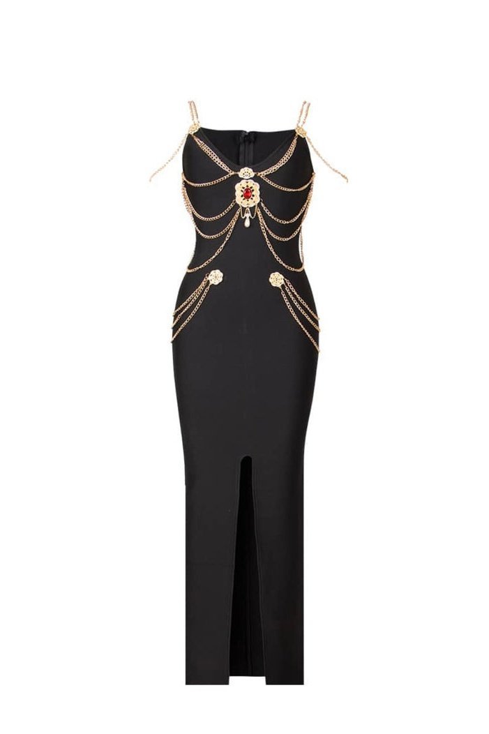 Rocío Exclusive V Neck Midi Dress with Metal Embellishment Boutique Collection