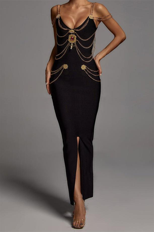 Rocío Exclusive V Neck Midi Dress with Metal Embellishment Boutique Collection