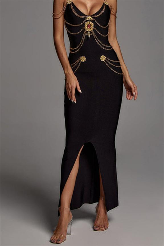 Rocío Exclusive V Neck Midi Dress with Metal Embellishment Boutique Collection