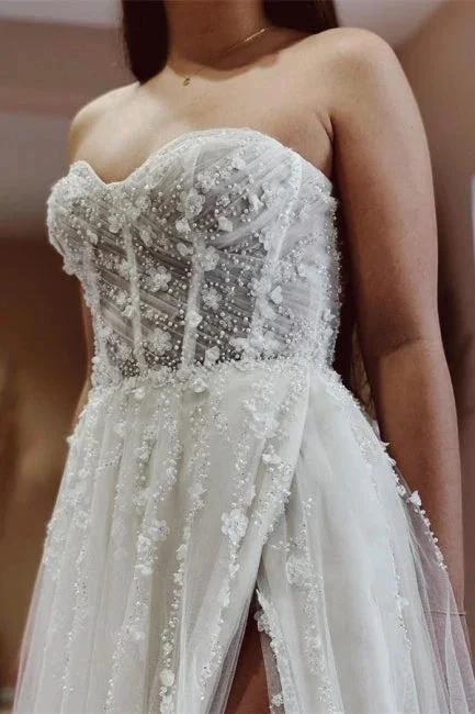 Sexy A-line Long Glitter Lace Sleeveless Wedding Dresses With Slit (ZD14918)