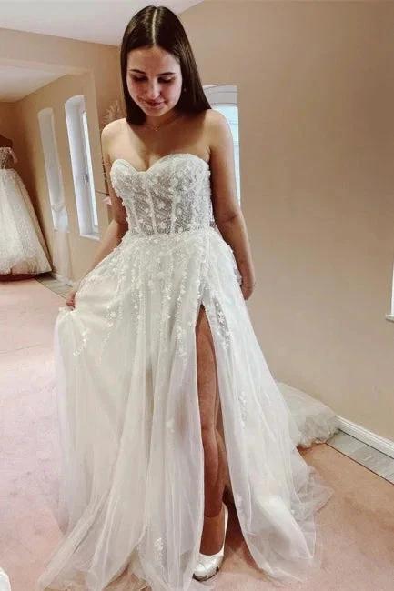 Sexy A-line Long Glitter Lace Sleeveless Wedding Dresses With Slit (ZD14918)