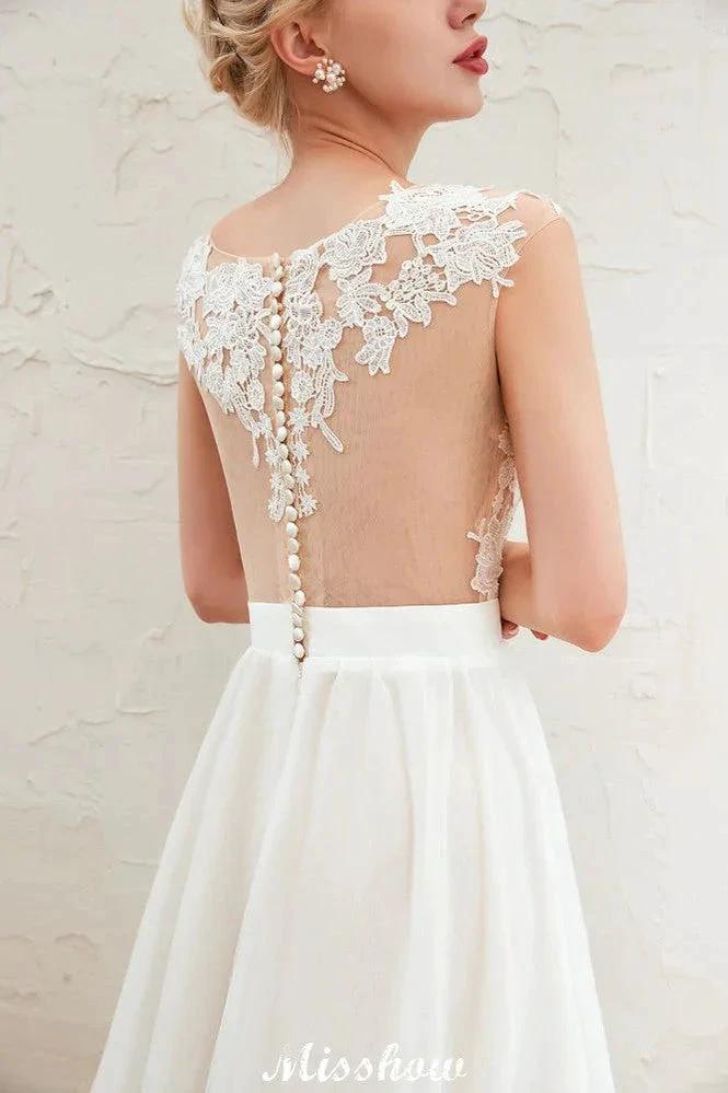 Sexy High Split Cap Sleeve Wedding Dress Sheer Back Ivory Lace Bridal Gown (ZD13978)