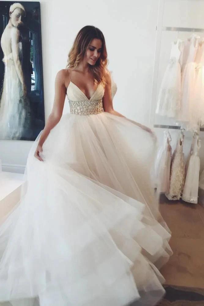Sexy Ivory Long A-line V-neck Spaghetti Straps Tulle Wedding Dress (ZD15848) - VelvetHem