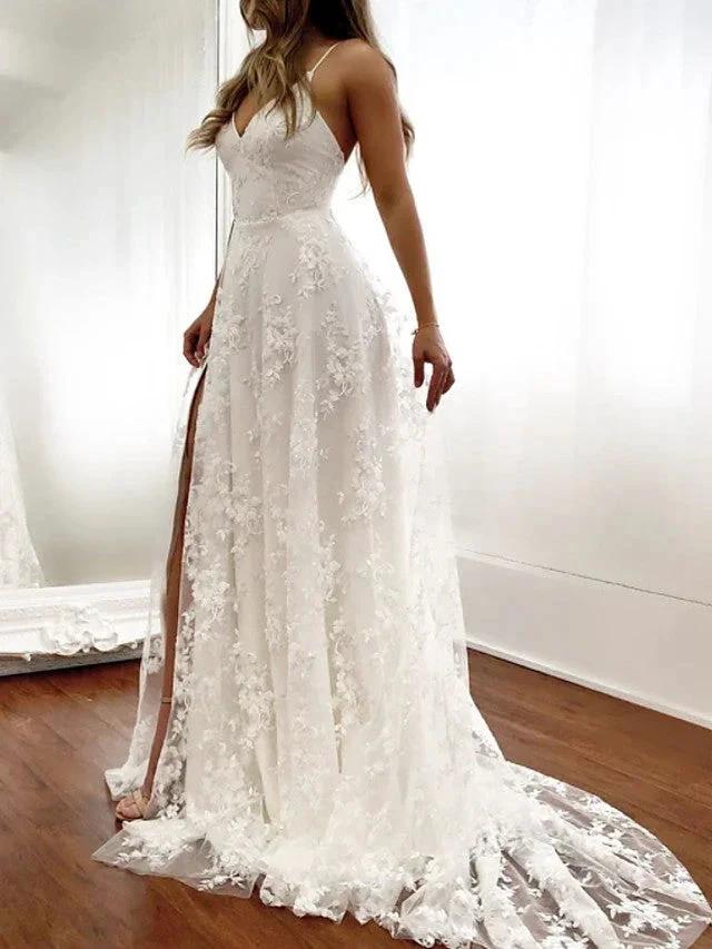 Sexy Long A-Line Spaghetti Strap Lace Backless Wedding Dresseswith Slit (ZD15966)