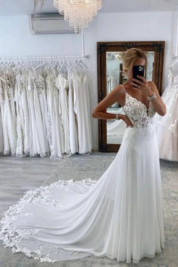 Sexy Long A-line Sweetheart Sleeveless Spaghetti Straps Backless Wedding Dress with Chapel Train (ZD16697)