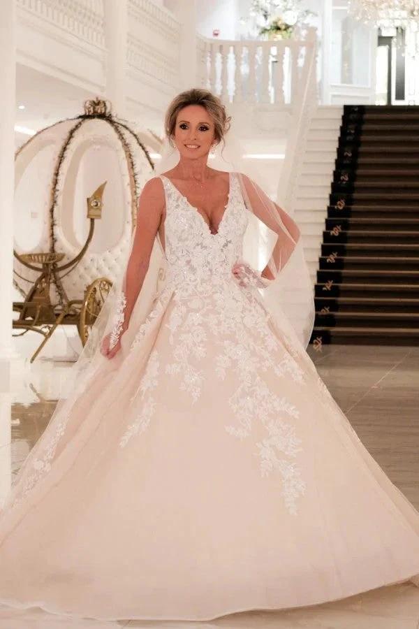 Sexy Long A-Line V-neck Spaghetti Straps Appliques Lace Backless Wedding Dress (ZD14289)