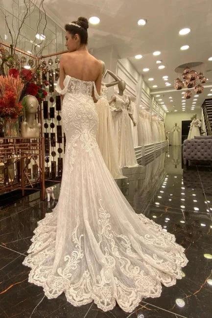 Sexy Off-the-shoulder Sleeveless Mermaid Floor-Length Lace Wedding Dresses with Brush Train (ZD14679)