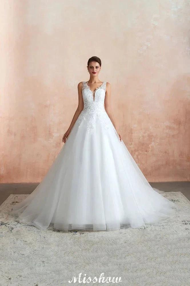 Sexy Pluging V-Neck Wedding Dress Sheer Lace Aline Bridal Gown (ZD13971)