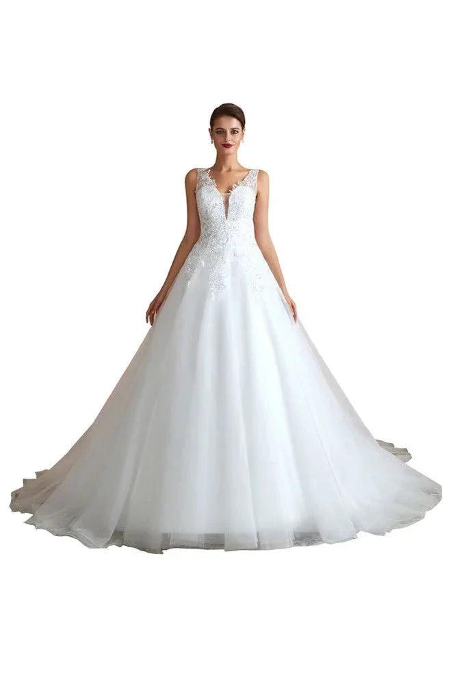 Sexy Pluging V-Neck Wedding Dress Sheer Lace Aline Bridal Gown (ZD13971)