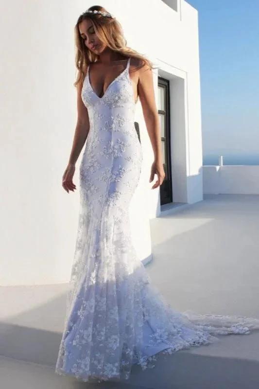 Sexy Pretty Mermaid Elegant Wedding Dresses White V-Neck Backless Lace Bridal Dresses (ZD16395)