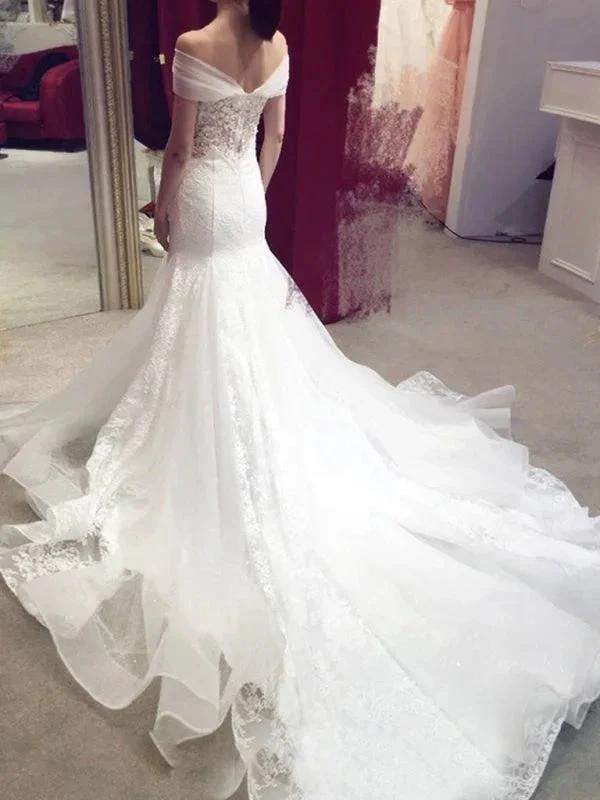 Sexy Pretty Mermaid Off-the-shoulder Chapel Train Lace Applique Elegant Wedding Dresses (ZD14729)