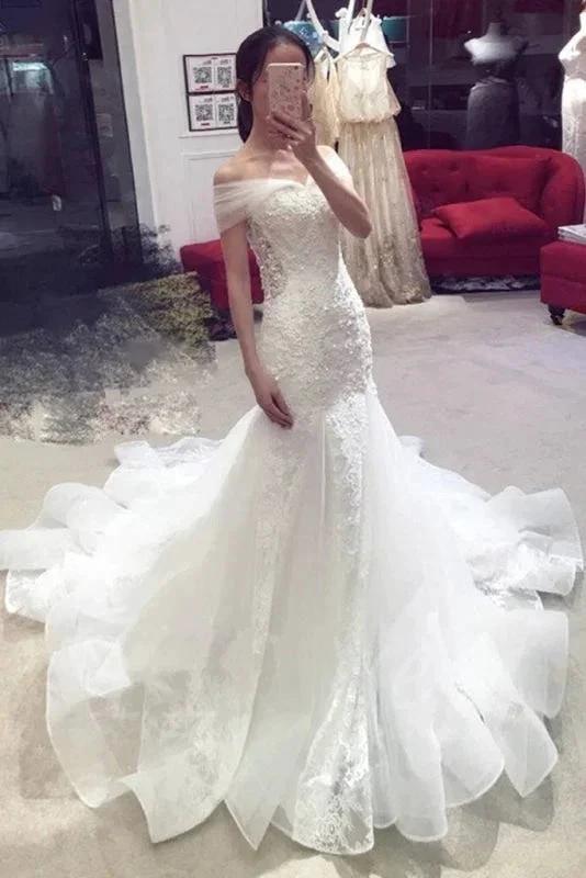 Sexy Pretty Mermaid Off-the-shoulder Chapel Train Lace Applique Elegant Wedding Dresses (ZD14729) - VelvetHem