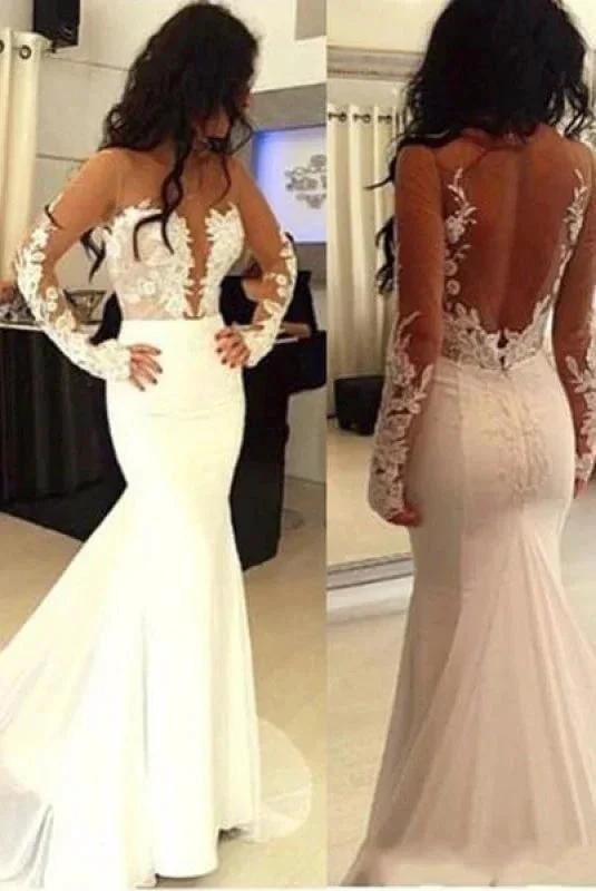 Sexy Pretty Mermaid Open Back Long Sleeve Elegant Wedding Dresses (ZD16468) - VelvetHem
