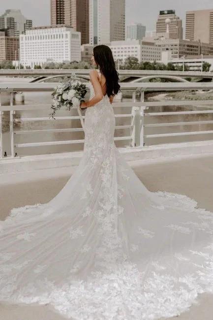 Sexy Spaghetti Strap Sleeveless Mermaid Lace Wedding Dresses with Court Train (ZD14673)